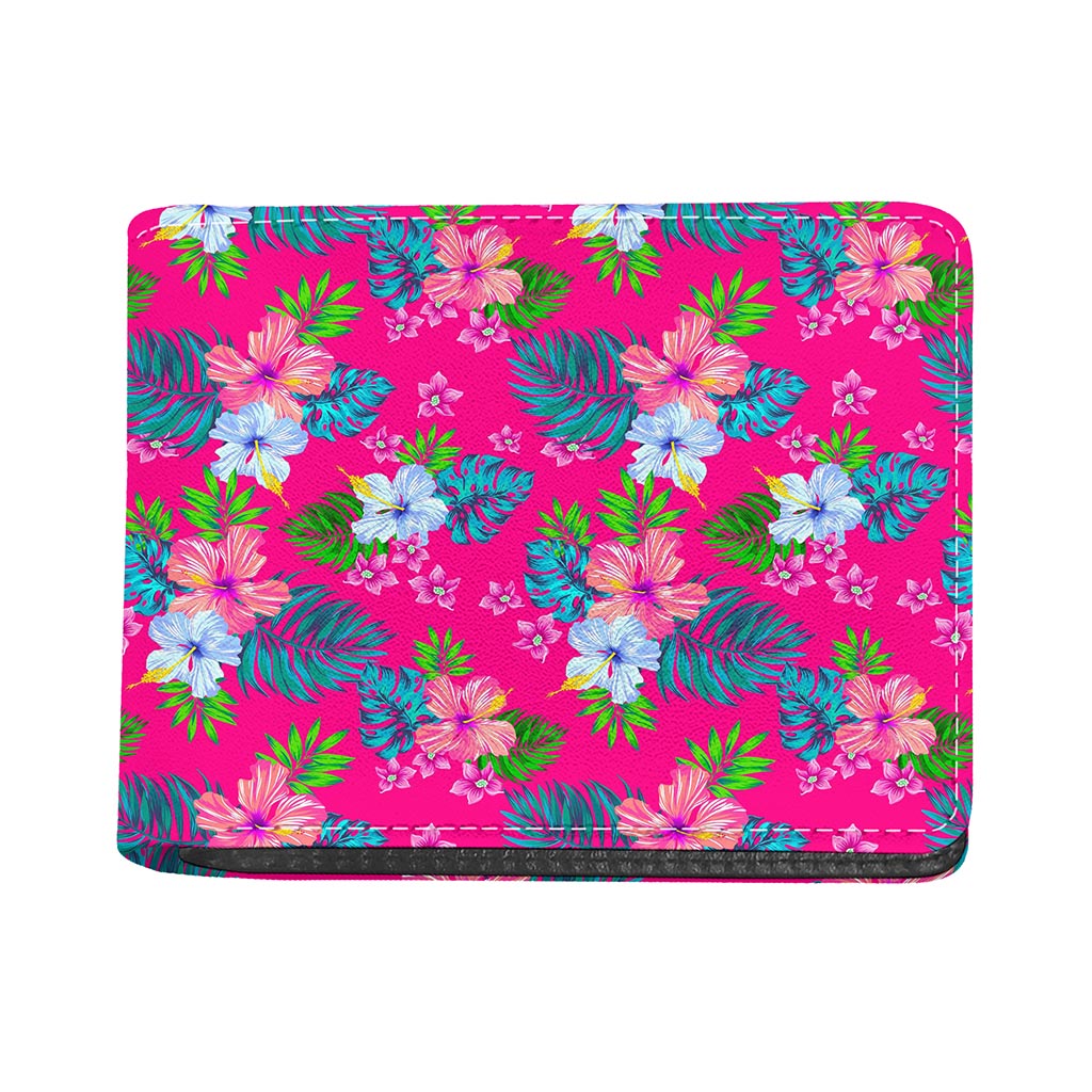 Hot Pink Aloha Hibiscus Pattern Print Bifold Wallet
