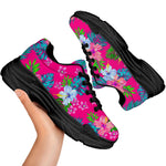Hot Pink Aloha Hibiscus Pattern Print Black Chunky Shoes