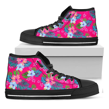 Hot Pink Aloha Hibiscus Pattern Print Black High Top Sneakers
