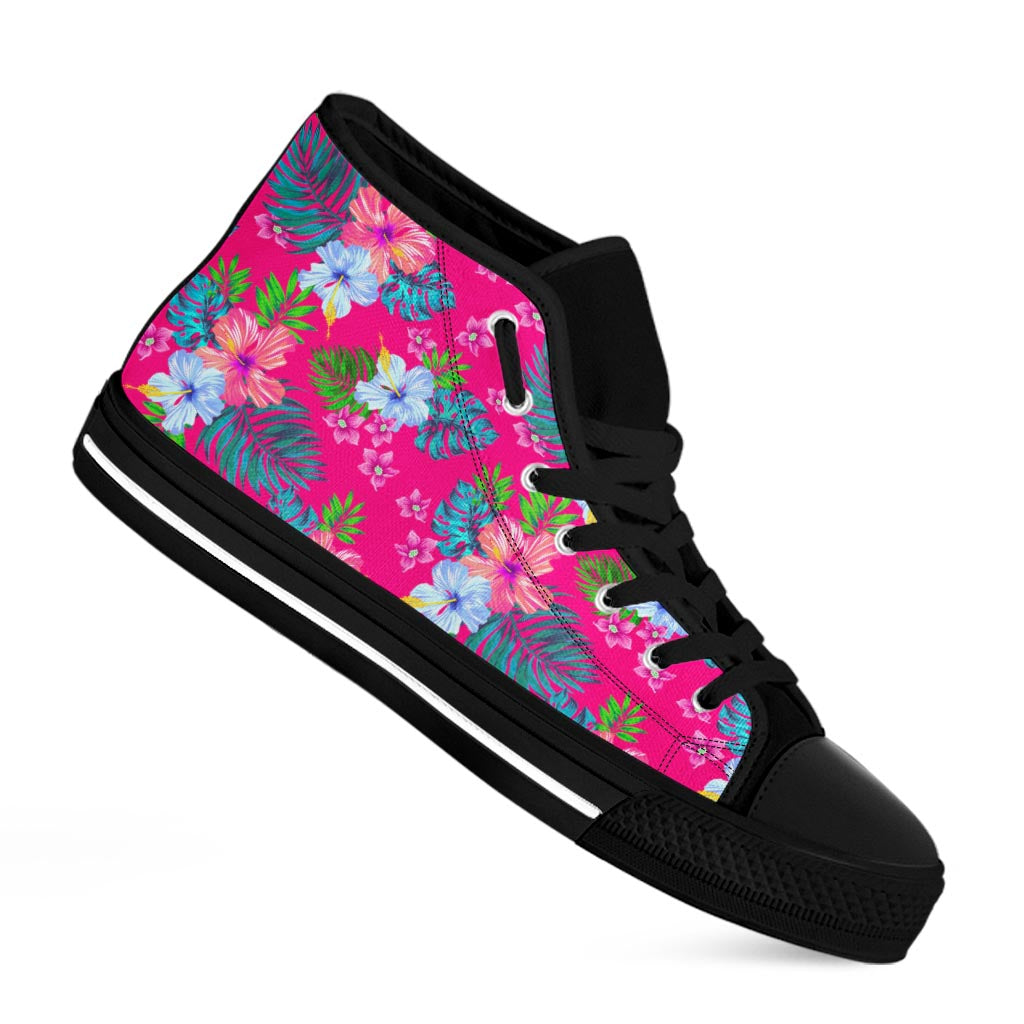 Hot Pink Aloha Hibiscus Pattern Print Black High Top Sneakers