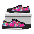 Hot Pink Aloha Hibiscus Pattern Print Black Low Top Sneakers