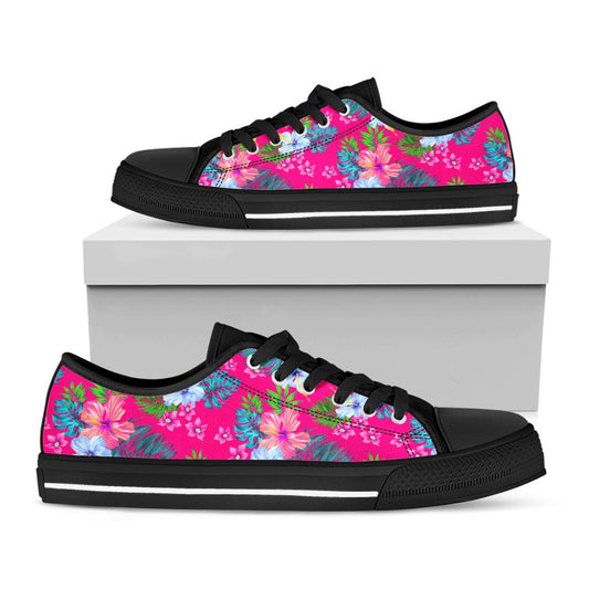 Hot Pink Aloha Hibiscus Pattern Print Black Low Top Sneakers