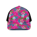 Hot Pink Aloha Hibiscus Pattern Print Black Mesh Trucker Hat