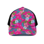 Hot Pink Aloha Hibiscus Pattern Print Black Mesh Trucker Cap