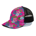 Hot Pink Aloha Hibiscus Pattern Print Black Mesh Trucker Cap