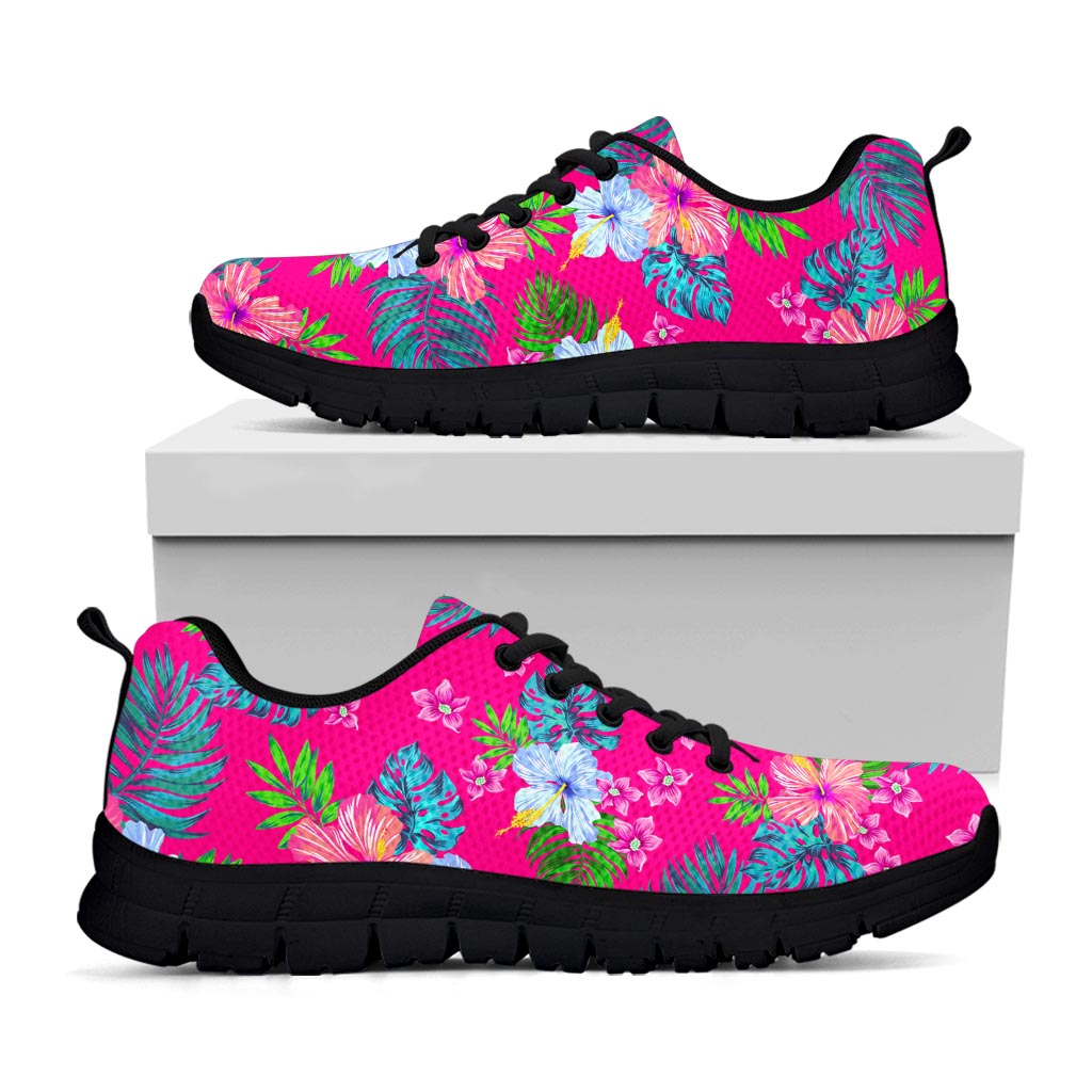 Hot Pink Aloha Hibiscus Pattern Print Black Running Shoes