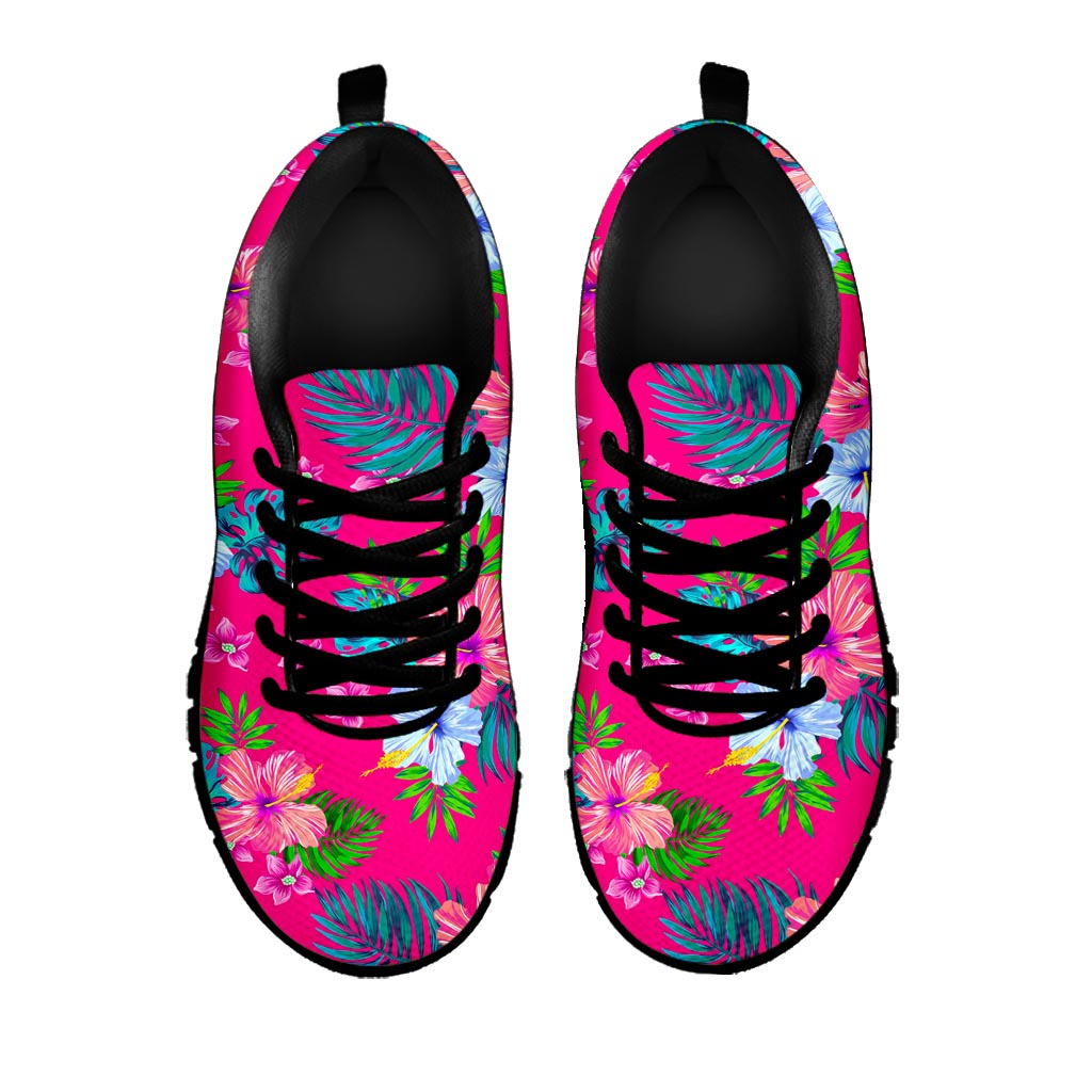 Hot Pink Aloha Hibiscus Pattern Print Black Running Shoes