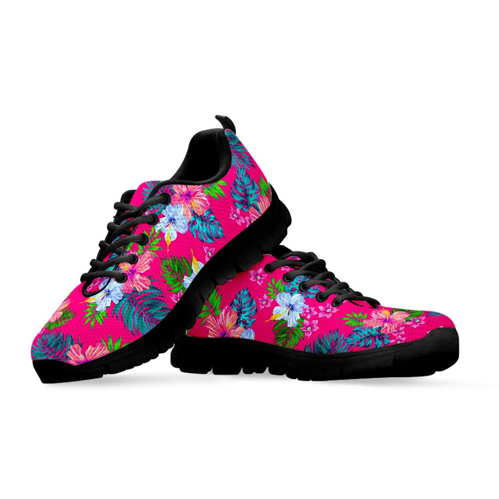 Hot Pink Aloha Hibiscus Pattern Print Black Running Shoes