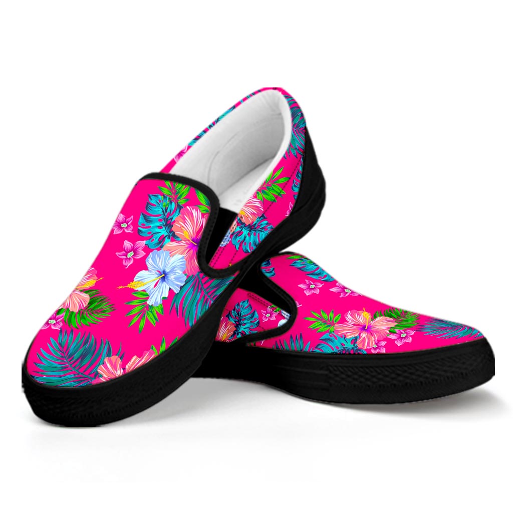 Hot Pink Aloha Hibiscus Pattern Print Black Slip On Sneakers
