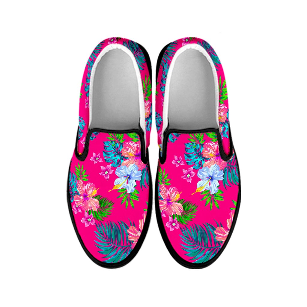 Hot Pink Aloha Hibiscus Pattern Print Black Slip On Sneakers