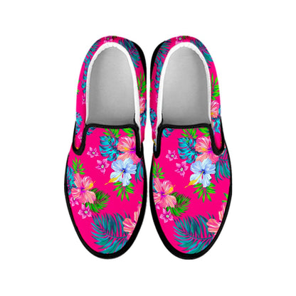 Hot Pink Aloha Hibiscus Pattern Print Black Slip On Sneakers