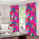 Hot Pink Aloha Hibiscus Pattern Print Blackout Grommet Curtains