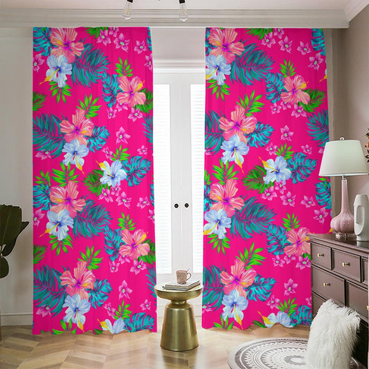 Hot Pink Aloha Hibiscus Pattern Print Blackout Pencil Pleat Curtains