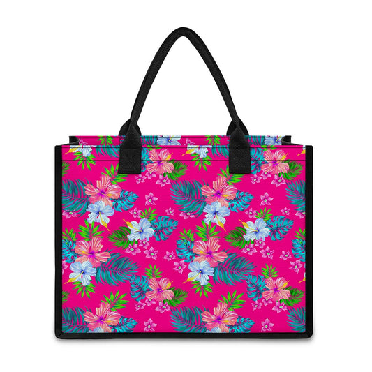 Hot Pink Aloha Hibiscus Pattern Print Canvas Tote Bag