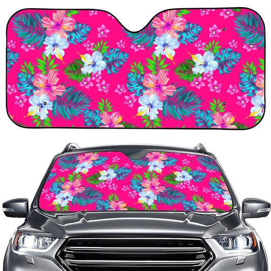 Hot Pink Aloha Hibiscus Pattern Print Car Windshield Sun Shade