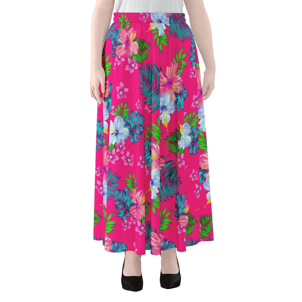 Hot Pink Aloha Hibiscus Pattern Print Chiffon Maxi Skirt