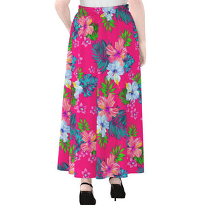 Hot Pink Aloha Hibiscus Pattern Print Chiffon Maxi Skirt