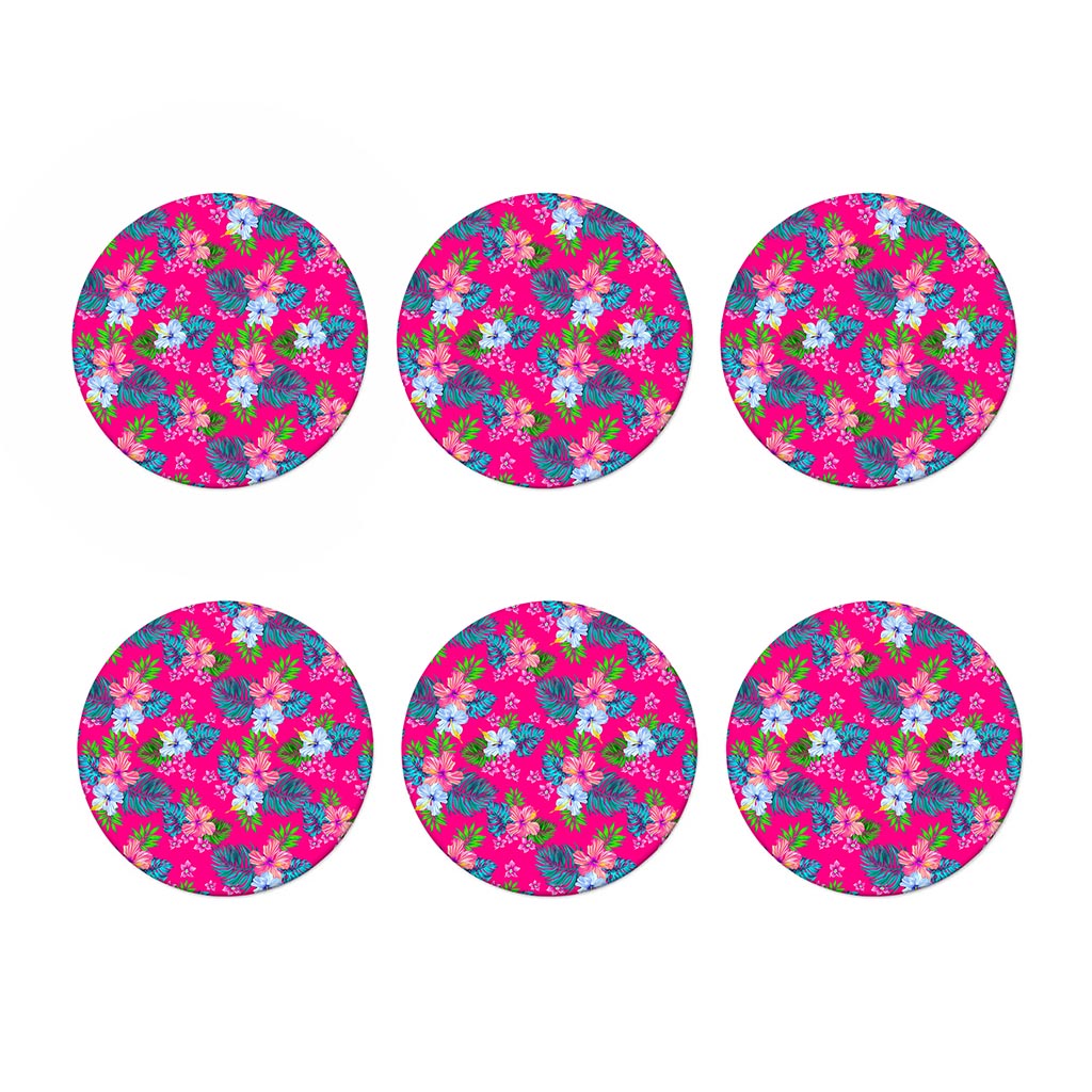 Hot Pink Aloha Hibiscus Pattern Print Coaster Set