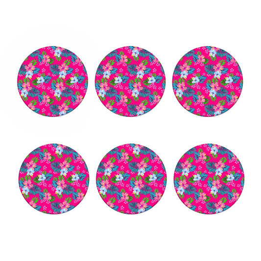 Hot Pink Aloha Hibiscus Pattern Print Coaster Set