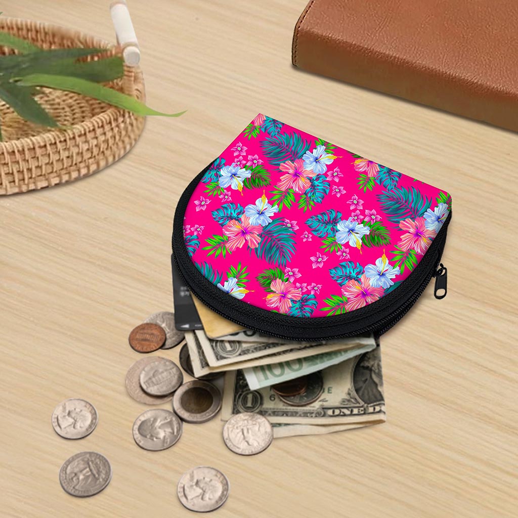 Hot Pink Aloha Hibiscus Pattern Print Coin Purse