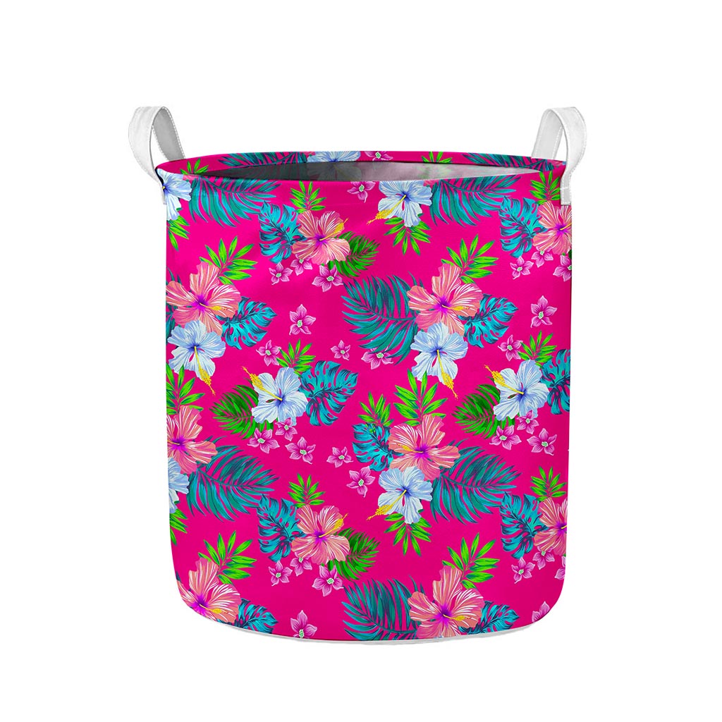 Hot Pink Aloha Hibiscus Pattern Print Collapsible Laundry Basket