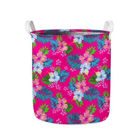 Hot Pink Aloha Hibiscus Pattern Print Collapsible Laundry Basket