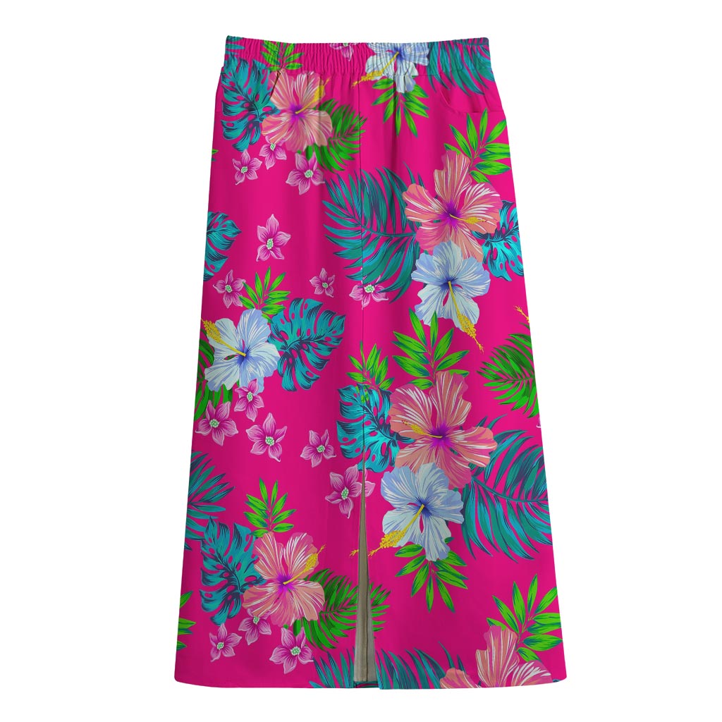 Hot Pink Aloha Hibiscus Pattern Print Cotton Front Slit Maxi Skirt