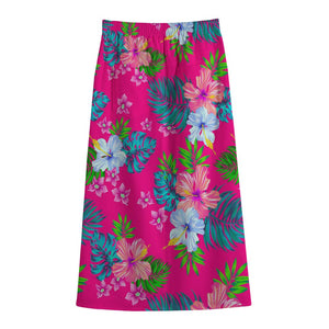 Hot Pink Aloha Hibiscus Pattern Print Cotton Front Slit Maxi Skirt