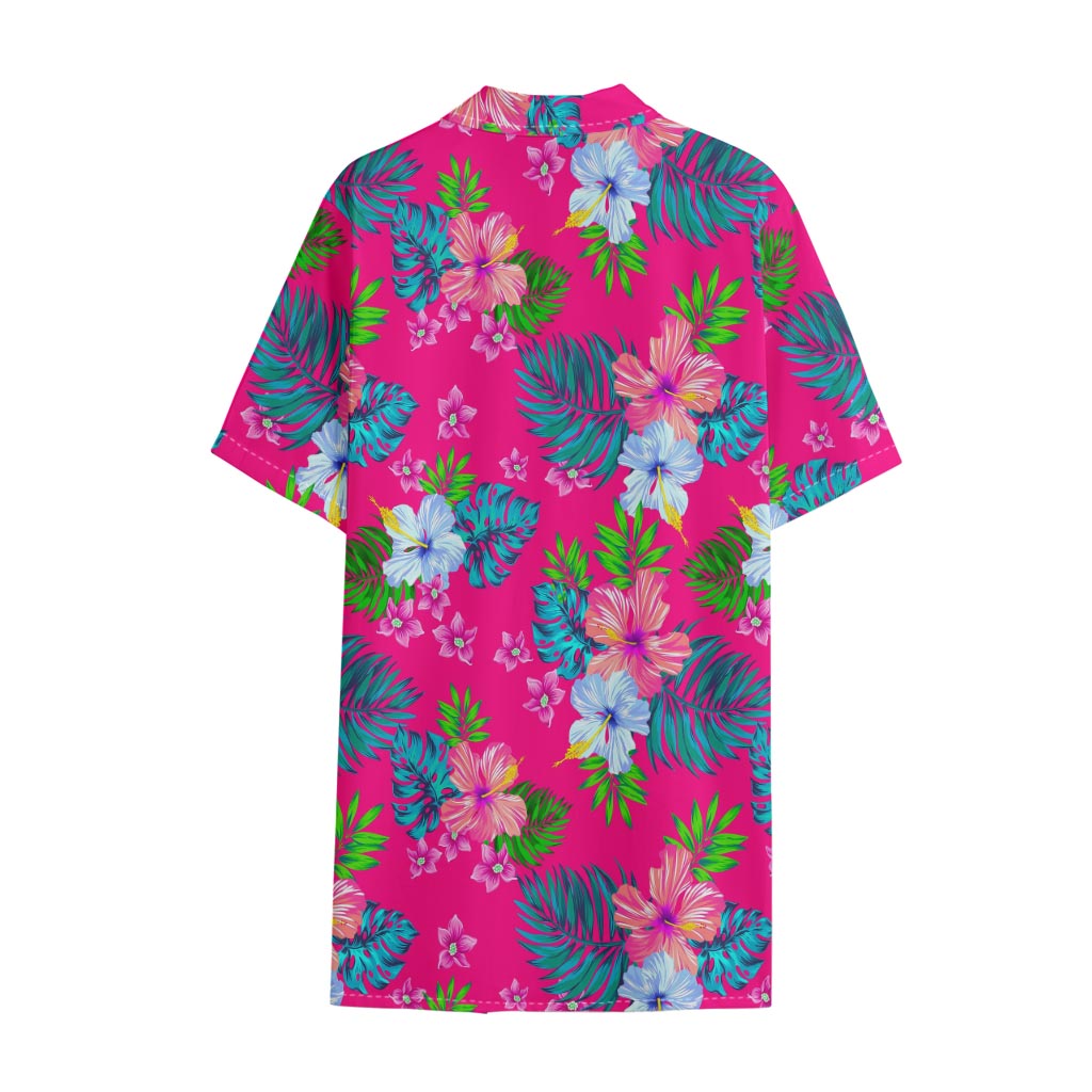 Hot Pink Aloha Hibiscus Pattern Print Cotton Hawaiian Shirt