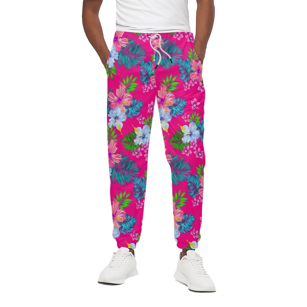 Hot Pink Aloha Hibiscus Pattern Print Cotton Pants