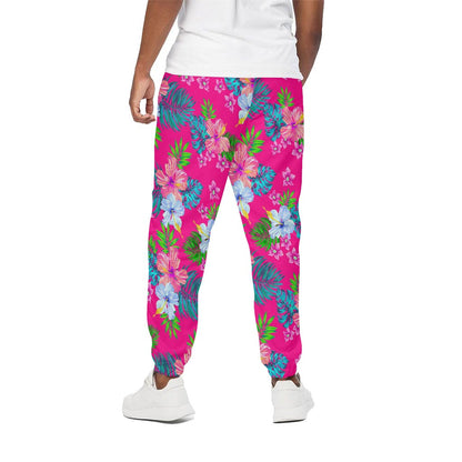 Hot Pink Aloha Hibiscus Pattern Print Cotton Pants