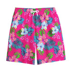 Hot Pink Aloha Hibiscus Pattern Print Cotton Shorts