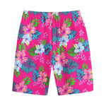 Hot Pink Aloha Hibiscus Pattern Print Cotton Shorts