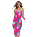 Hot Pink Aloha Hibiscus Pattern Print Cross Back Cami Dress