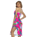 Hot Pink Aloha Hibiscus Pattern Print Cross Back Cami Dress