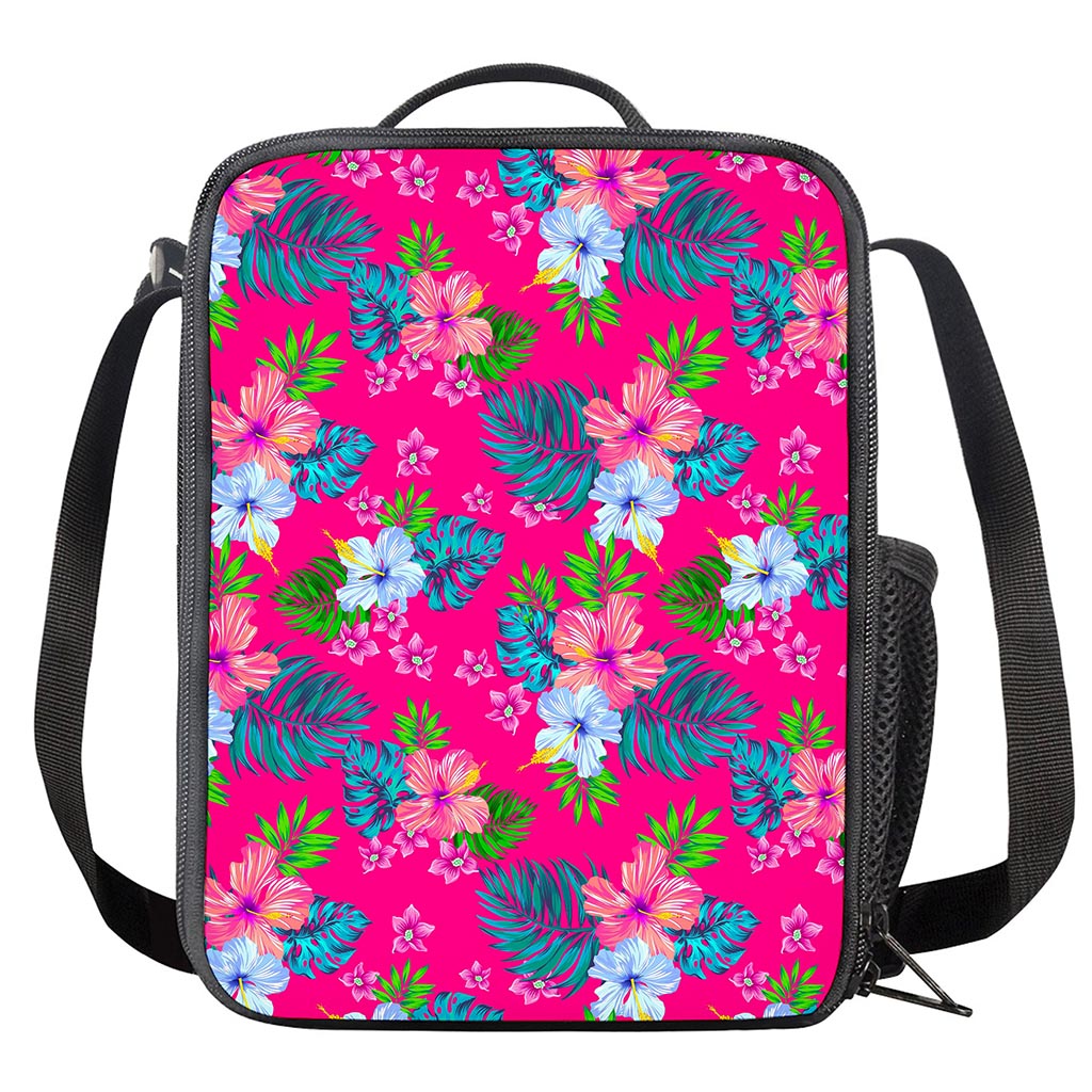 Hot Pink Aloha Hibiscus Pattern Print Crossbody Lunch Bag