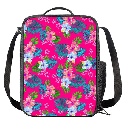 Hot Pink Aloha Hibiscus Pattern Print Crossbody Lunch Bag