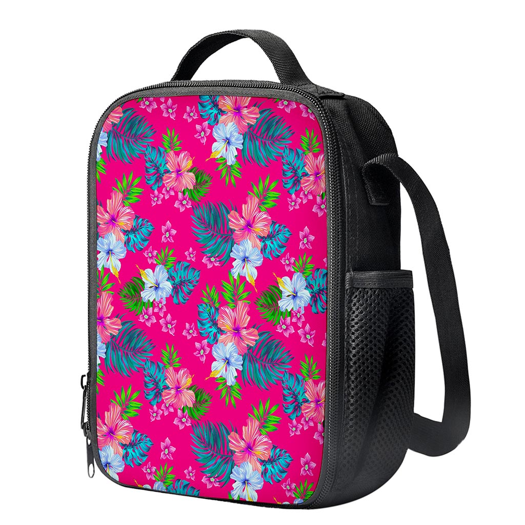 Hot Pink Aloha Hibiscus Pattern Print Crossbody Lunch Bag