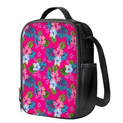 Hot Pink Aloha Hibiscus Pattern Print Crossbody Lunch Bag