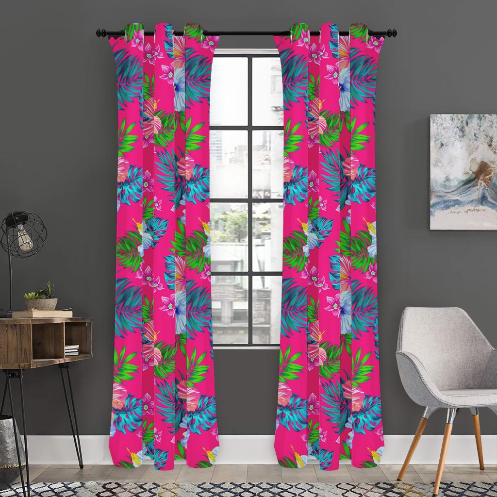 Hot Pink Aloha Hibiscus Pattern Print Curtain