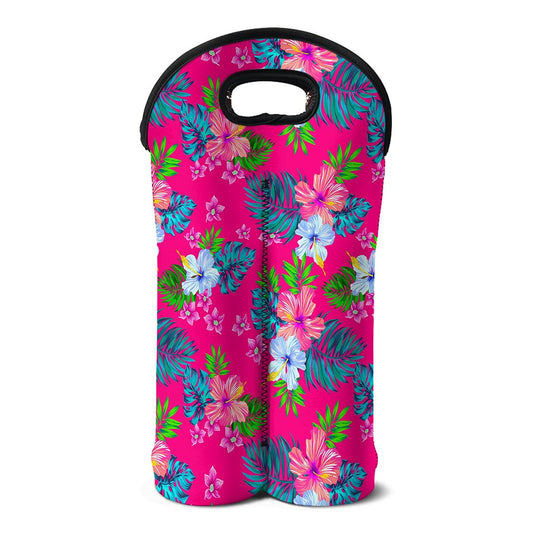 Hot Pink Aloha Hibiscus Pattern Print Double Neoprene Wine Tote