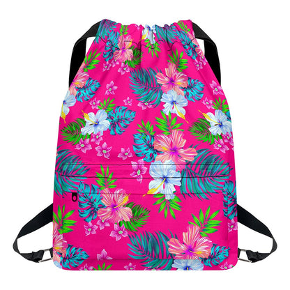 Hot Pink Aloha Hibiscus Pattern Print Drawstring Backpack