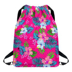 Hot Pink Aloha Hibiscus Pattern Print Drawstring Backpack