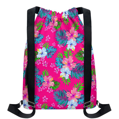 Hot Pink Aloha Hibiscus Pattern Print Drawstring Backpack