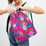 Hot Pink Aloha Hibiscus Pattern Print Drawstring Backpack