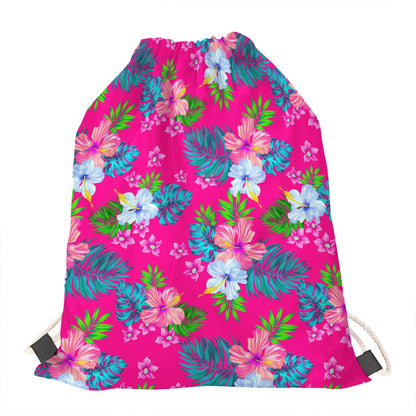 Hot Pink Aloha Hibiscus Pattern Print Drawstring Bag