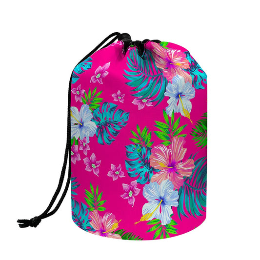 Hot Pink Aloha Hibiscus Pattern Print Drawstring Makeup Bag