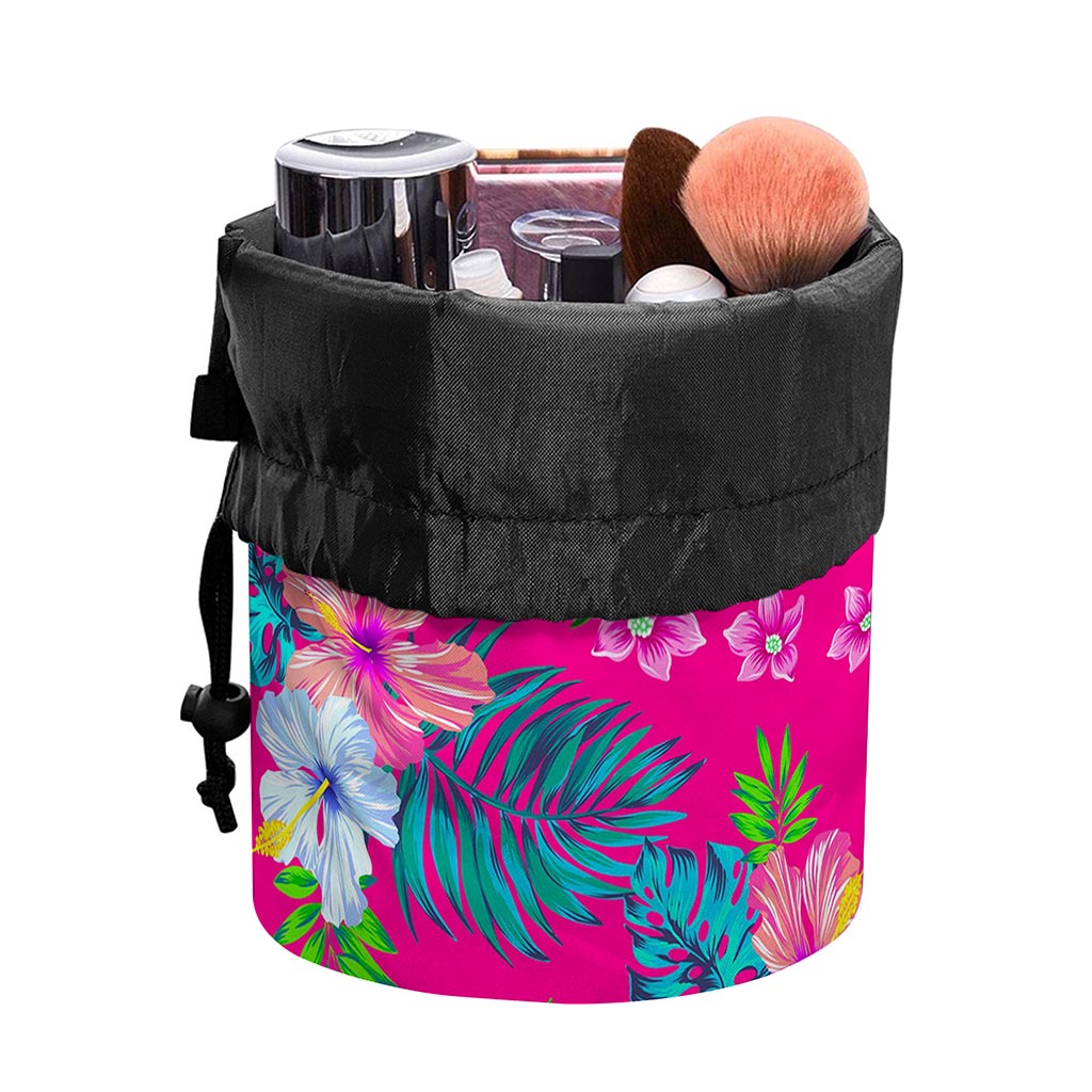 Hot Pink Aloha Hibiscus Pattern Print Drawstring Makeup Bag
