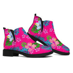 Hot Pink Aloha Hibiscus Pattern Print Flat Ankle Boots