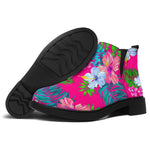 Hot Pink Aloha Hibiscus Pattern Print Flat Ankle Boots